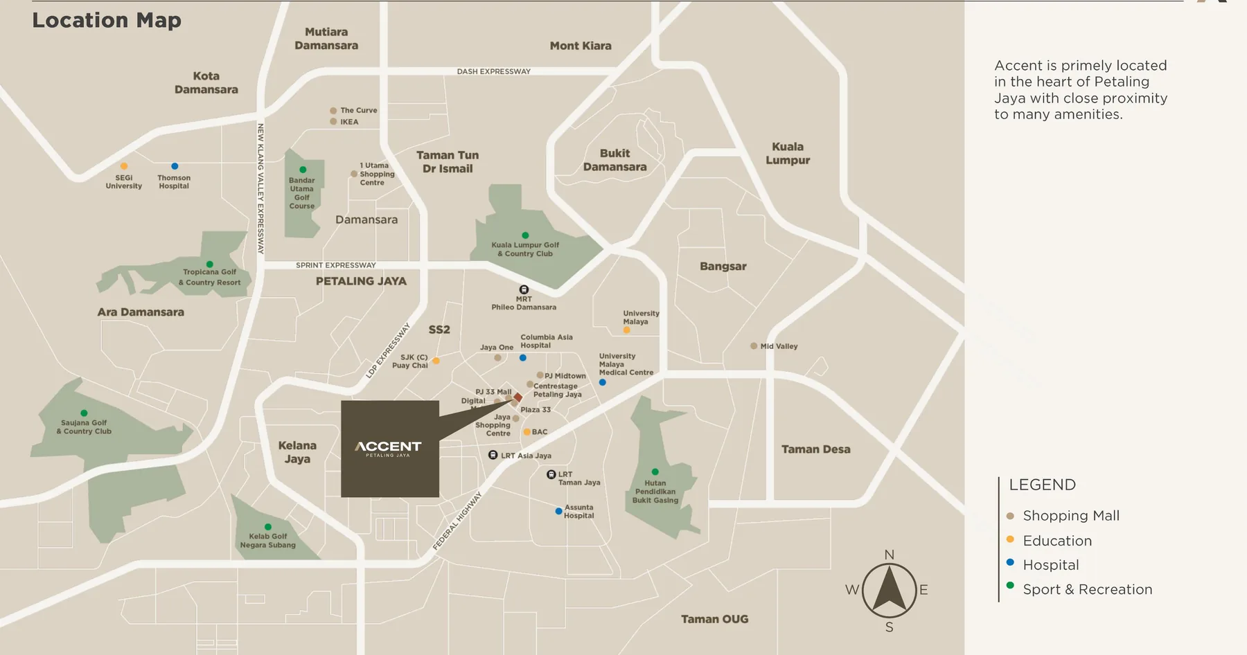 Location map showing Accent Petaling Jaya on Jalan Kemajuan near Jaya Shopping Centre, Jaya 33, Columbia Asia Hospital, Asia Jaya LRT and Phileo Damansara MRT stations