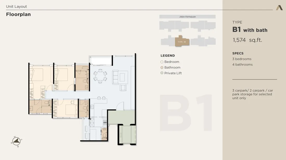 Accent Petaling Jaya Type B1 floorplan — 1,574 sq.ft, 3 bedrooms, 4 bathrooms with maid's bath