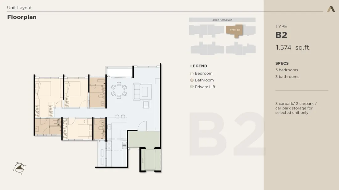 Accent Petaling Jaya Type B2 floorplan — 1,574 sq.ft, 3 bedrooms, 3 bathrooms