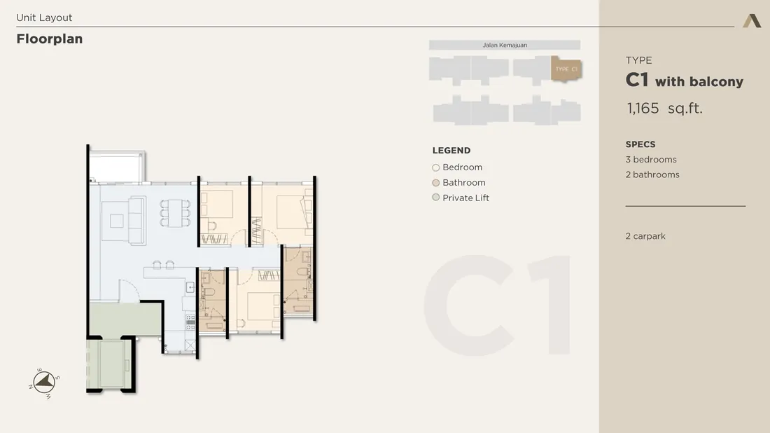 Accent Petaling Jaya Type C1 floorplan with balcony — 1,165 sq.ft, 3 bedrooms, 2 bathrooms
