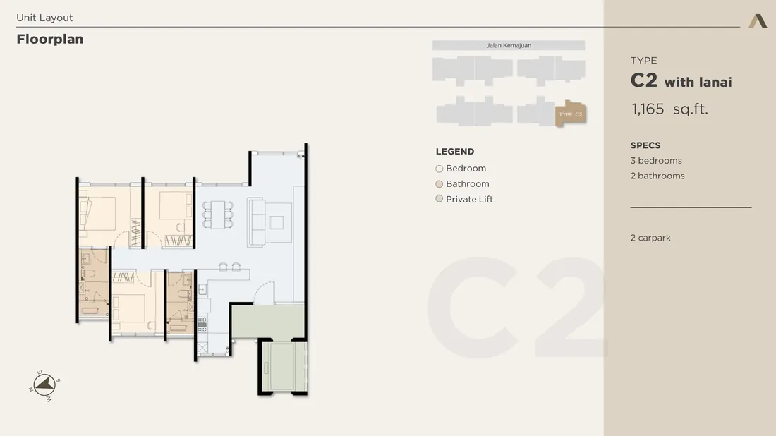 Accent Petaling Jaya Type C2 floorplan with lanai — 1,165 sq.ft, 3 bedrooms, 2 bathrooms