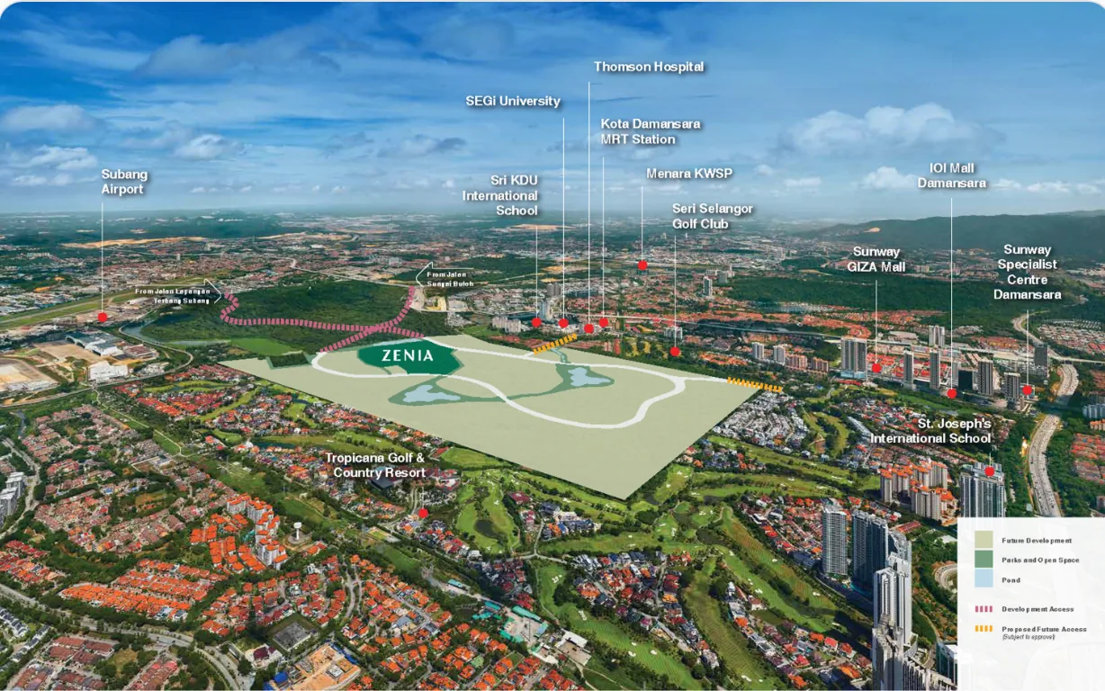 Aerial view of the ParkCity Damansara Zenia site in Petaling Jaya with nearby landmarks labelled
