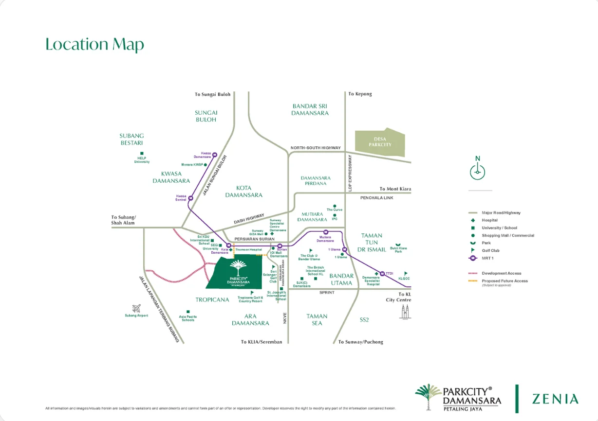 Location map of ParkCity Damansara showing highways, MRT line and nearby amenities